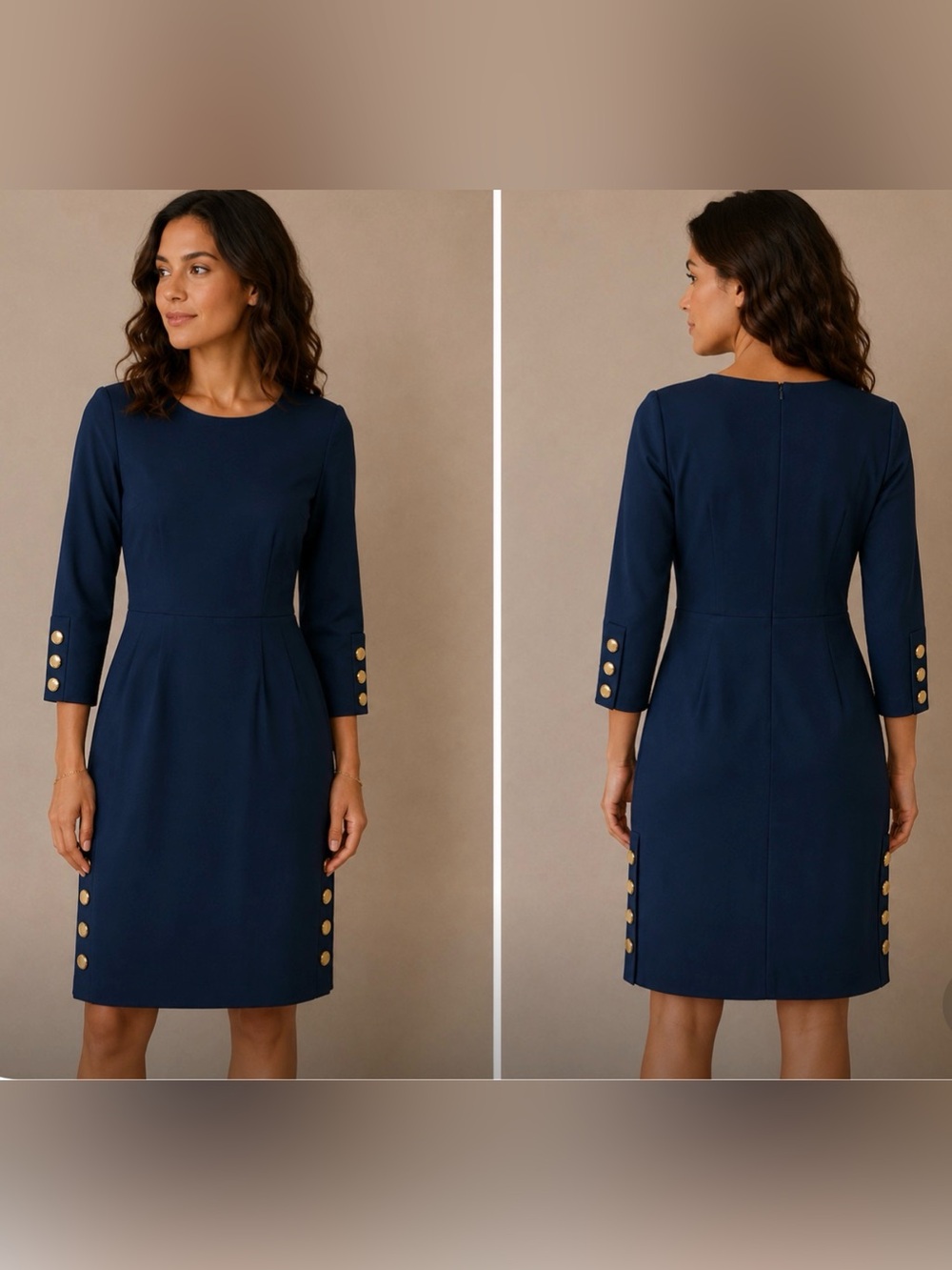 Trina Turk Shiraz Navy Blue Sheath Dress Gold Button Lace Trim Size 2